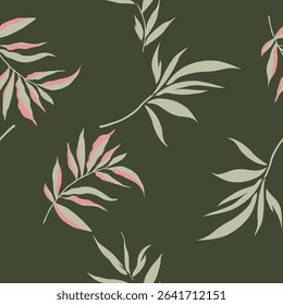 pink and green seamless vector leaf pattern on green background