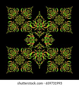 Pink and green shiny ornament on black background, damask seamless pattern, abstract shapes. Vector illustration.