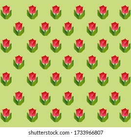 pink and green sketch tulip pattern for background, fabric, wrapping paper. stock template design. nature flat motif in rosy red and green color. Creative flower pattern.