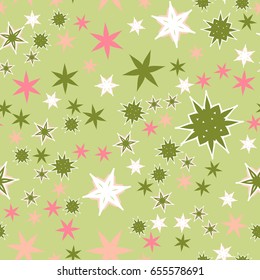 Pink and green stars on green Seamless texture with stylized flowers and stars.