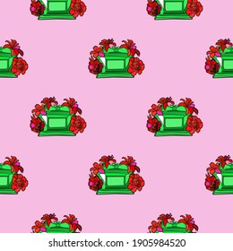 Pink and Green summer tropical seamless pattern with bottles of perfume. Endless texture for fashion design. Vector illustration.