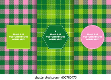 Pink Green Tartan And Gingham Plaid Seamless Patterns With Label Frame. Copy Space For Text. Set Of Design Templates For Packaging, Covers Or Gift Wrapping. Preppy Style Women's Sports Fashion. 