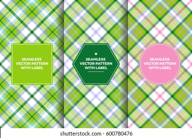 Pink Green Tartan Seamless Patterns With Label Frame. Copy Space For Text. Set Of Design Templates For Packaging, Covers Or Gift Wrapping. Preppy Style Women's Sports Fashion Prints.