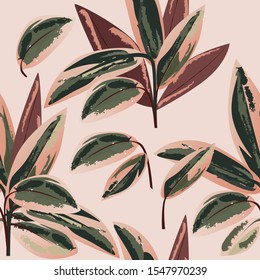 Pink and green tropical foliage seamless pattern vector. Calathea pink background.