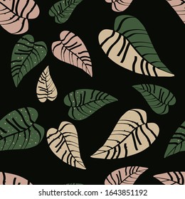 Pink and green tropical leaves seamless pattern. Wrapping paper, fabric print texture.