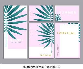 Pink and Green Tropical palm Leaves corporate identity template design. Business stationery. Vector Illustration.