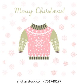 Pink and green vector ugly Christmas sweater greeting card or invitation with snowflakes