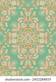 Pink and green vintage floral pattern. Traditional ornament for a carpet, textile and any surface. Ornamental backgroun with filigree details.