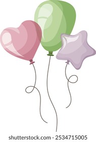 Pink green and violet helium balloons. Birthday ballon flying. Party decoration for celebrations and birthday