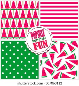 pink green watermelon popsicle summer fun summertime cool fruit dessert vector seamless pattern set 