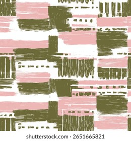 Pink and green, white background, mid-century seamless pattern of a grid of horizontal brush strokes,  Woodblock print seamless pattern, seamless repeating vector, design for textile print.