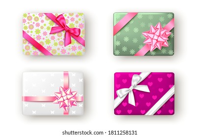 Rosa, grüne und weiße Geschenkbox mit Band und Schleife, Draufsicht. Weihnachten, Muttertag, Ostern, 8. März, Glücklicher Geburtstag oder Valentinstag-Paket Design. Vorgestellt einzeln auf weißem Hintergrund. Vektorgrafik.