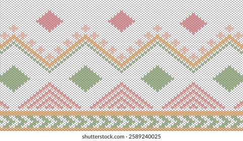 Pink, green and yellow geomatric knitted pattern, Festive Sweater Design. Seamless Knitted Pattern