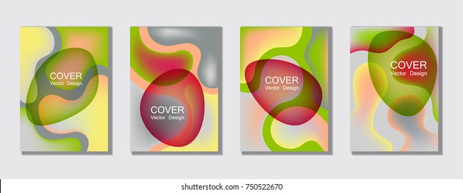 Pink, green, yellow and grey fluid colors cover page layout backgrounds set. Bubble fluid gradient shapes trendy A4 design for scientific cover, educational chemistry poster. Hipster futuristic vector