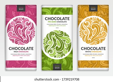 Pink, green and yellow packaging design of chocolate bars. Vintage vector ornament template. Great for food, drink and other package types. Can be used for background and wallpaper.