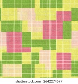 Pink, green, and yellow plaid pattern on a light background. grunge lines ikat pattern, ikat seamless pattern, Vector illustration background for print the paper.