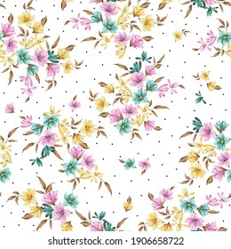 flores vectoriales pequeñas rosas verdes y amarillas con patrón de hojas en fondo retro
