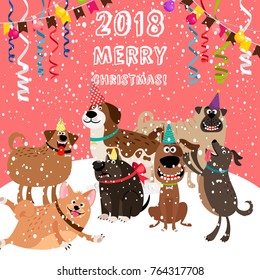 Pink greeting card 2018 merry christmas with party dogs, vector illustration