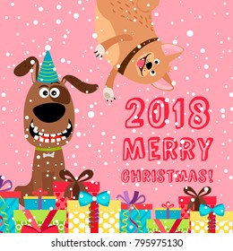 Pink greeting card 2018 merry christmas with dogs and presents, vector illustration