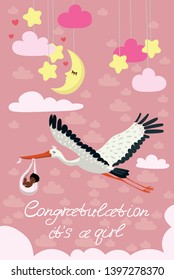 Pink greeting card for the arrival of the girl. A stork carries a cute black child in a bag. Vector card.