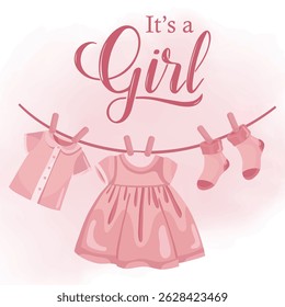 Pink greeting card for baby announcement with text It's a girl and new born clothes illustrations in soft pastel colors