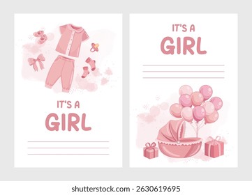 Pink greeting card with baby stroller, presents, and clothes for congratulating the arrival of a newborn girl