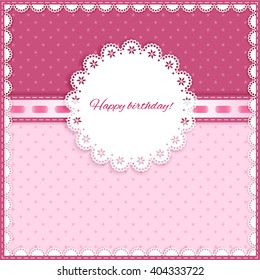 pink greeting card with bow, lace, place for your text on light and dark  background, vector illustration