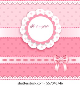 pink greeting card with  bows, lace, place for your text on pink  background with little flowers, vector illustration