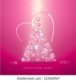Pink Greeting card with christmas tree made from glittering stars. Vector.