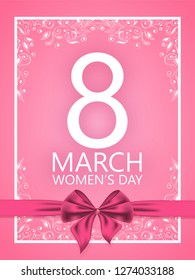 Pink greeting card design with bow ribbon for 8 march women's day celebration concept.