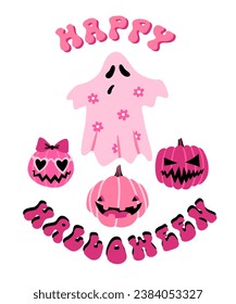 Pink greeting card with a ghost and pumpkins. Happy Halloween - Halloween quote on white background with pink colorful letters. Cute cartoon design. Trick or treat.