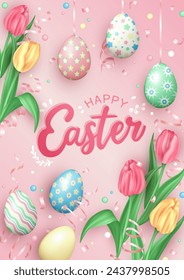 Pink greeting card with hanging on ribbons pastel colored Easter eggs, realistic beautiful pink and yellow tulips. Happy Easter poster or invitation with 3d painted eggs, spring flowers and confetti