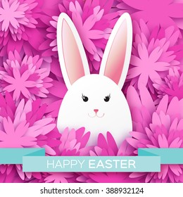 Pink Greeting card with Happy Easter - with white Easter rabbit. Spring Funny Bunny. Easter Bunny. Easter Egg 