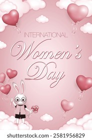 Pink Greeting card for International Women's Day (March 8) with the inscription, bunny boy with bouquet of flowers and balloons on pink background of balloons and fluffy clouds