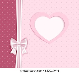 pink greeting card, lace,  heart, butterfly, place for your text , dots and flowers texture, vector illustration
