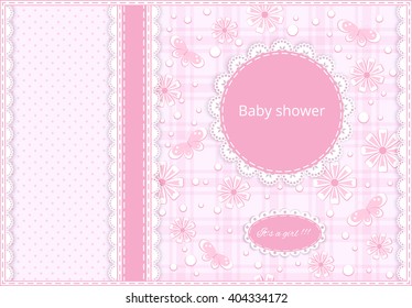 pink greeting card with ribbon, lace doily, place for your text, flower and butterfly on  background, vector illustration