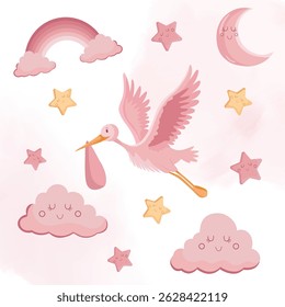 Pink greeting card with stork delivering a baby girl surrounded by sky elements like clouds, rainbow, moon, and stars in flat illustration style