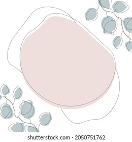Pink greeting card template design, linear eucalyptus leaves with color spots, minimalist style.