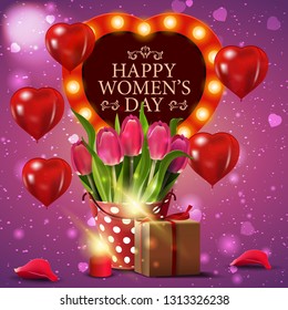 Pink greeting card for women's day with balloons in the form of a heart and gifts with bucket with tulips and gift