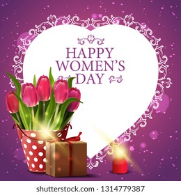 Pink greeting postcard for women's day with paper heart, bucket with tulips and gift
