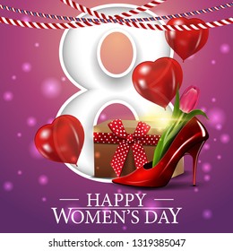 Pink greeting postcard for women's day with a large number eight and women's Shoe with tulips inside