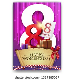 Pink greeting postcard for women's day with parchment and gifts with the number eight