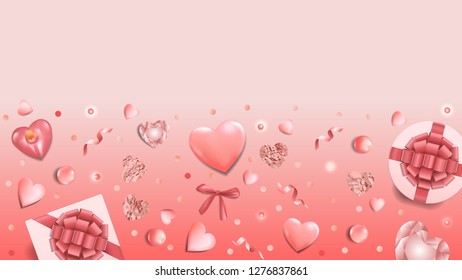 Pink Greeting Web Banner with Top View Objects