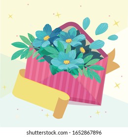 Pink greetings letter with flowers and ribbon