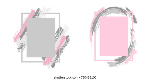 Pink and grey art frame set vector collection. Grunge border with painted brushstrokes background collection on white. Painted frames advertising graphic design templates for banner, flyer, poster.