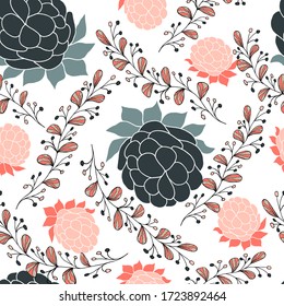 Pink and grey berries on a white background. Vector seamless pattern. Design for wrapping, fabric, card.