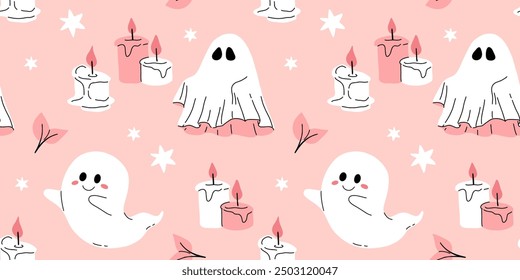 Pink grey and black seamless prints with Halloween decorative elements - ghost, pumpkin, sculls. Cute vector characters, decor objects - sweets, pumpkin, witch, ghost, bat. Pattern design