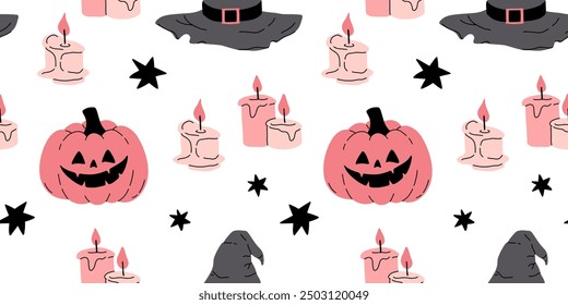 Impresiones sin costuras de color rosa, gris y negro con Elementos decorativos de Halloween: fantasma, calabaza, sculls. Personajes de Vector lindo, objetos de decoración - dulces, calabaza, bruja, fantasma, murciélago. Diseño de patrones