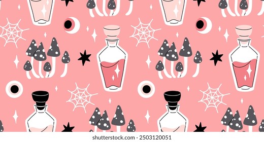 Pink grey and black seamless prints with Halloween decorative elements - ghost, pumpkin, sculls. Cute vector characters, decor objects - sweets, pumpkin, witch, ghost, bat. Pattern design