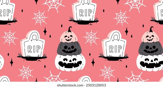 Pink grey and black seamless prints with Halloween decorative elements - ghost, pumpkin, sculls. Cute vector characters, decor objects - sweets, pumpkin, witch, ghost, bat. Pattern design